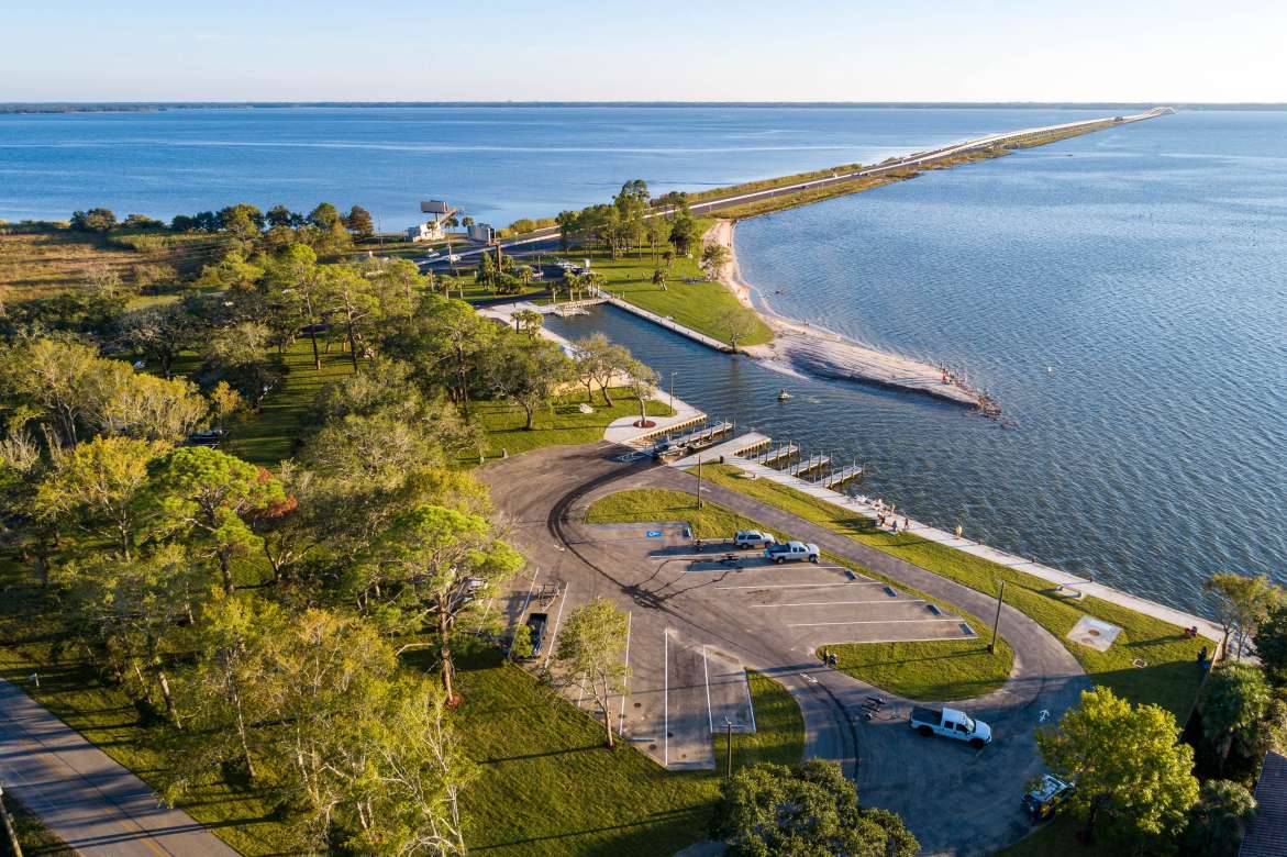 Aerial view of Grady Brown Park and the US-331 bridge over Choctawhatchee Bay in Freeport Florida